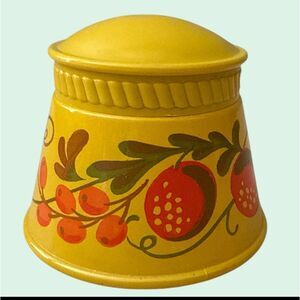 VTG Avon Folk Art Vanity Jar Yellow Glass Container Floral Fruit 1970s Retro
